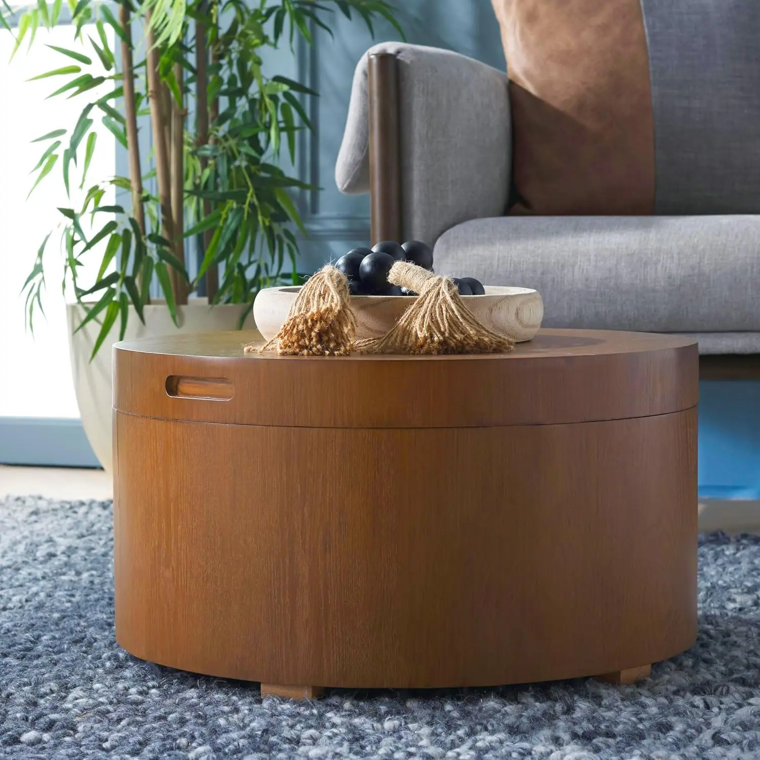 Modern Round Coffee Table With Tray Top Storage Wooden Center Table Removable Lid Storage Organizer Unit For Living Room Office Lounge Area Minimalist Accent Furniture Piece Walnut