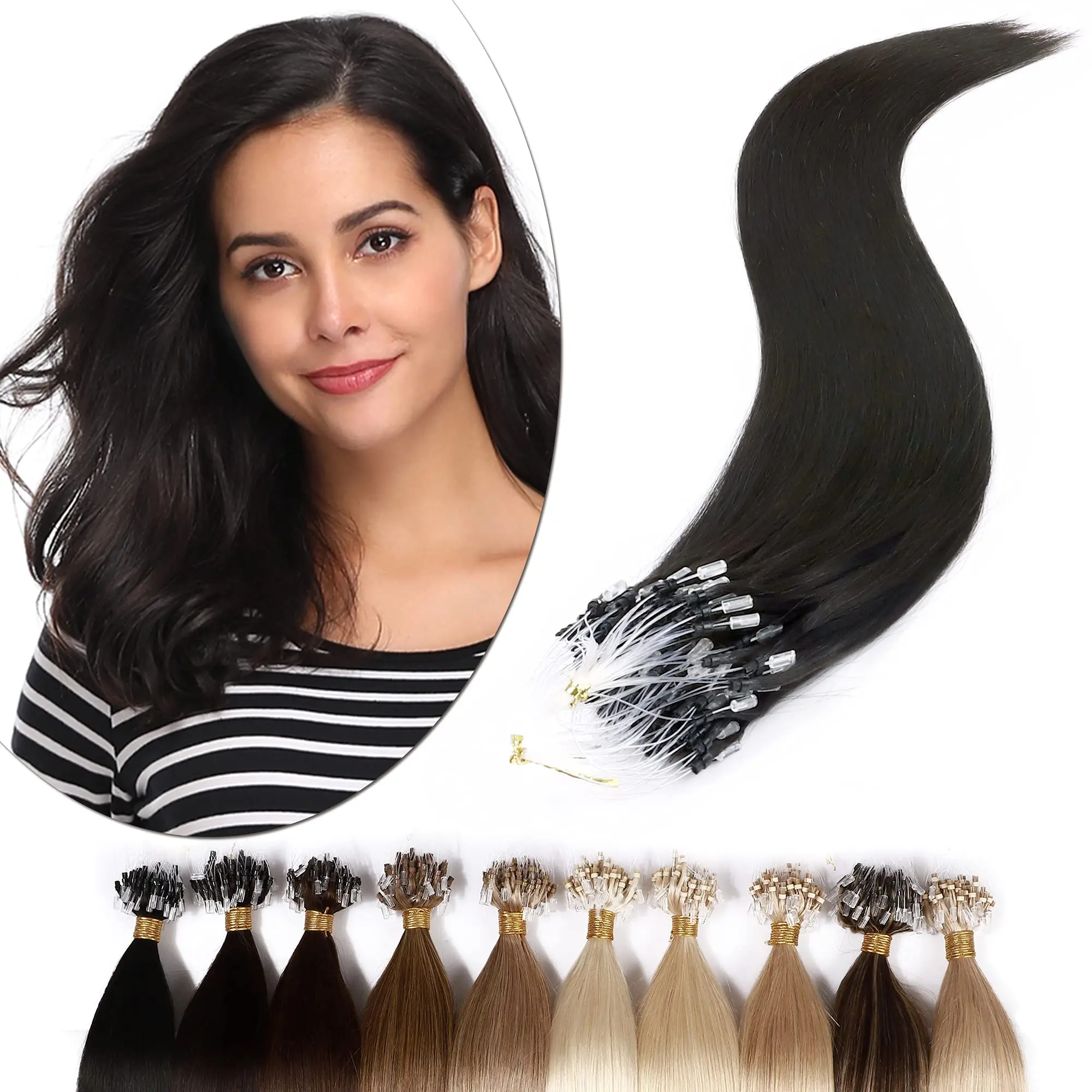 

100% Human Hair Straight Micro Loop Ring Extensions Weft With Silicone Rings For Damage Free Installation