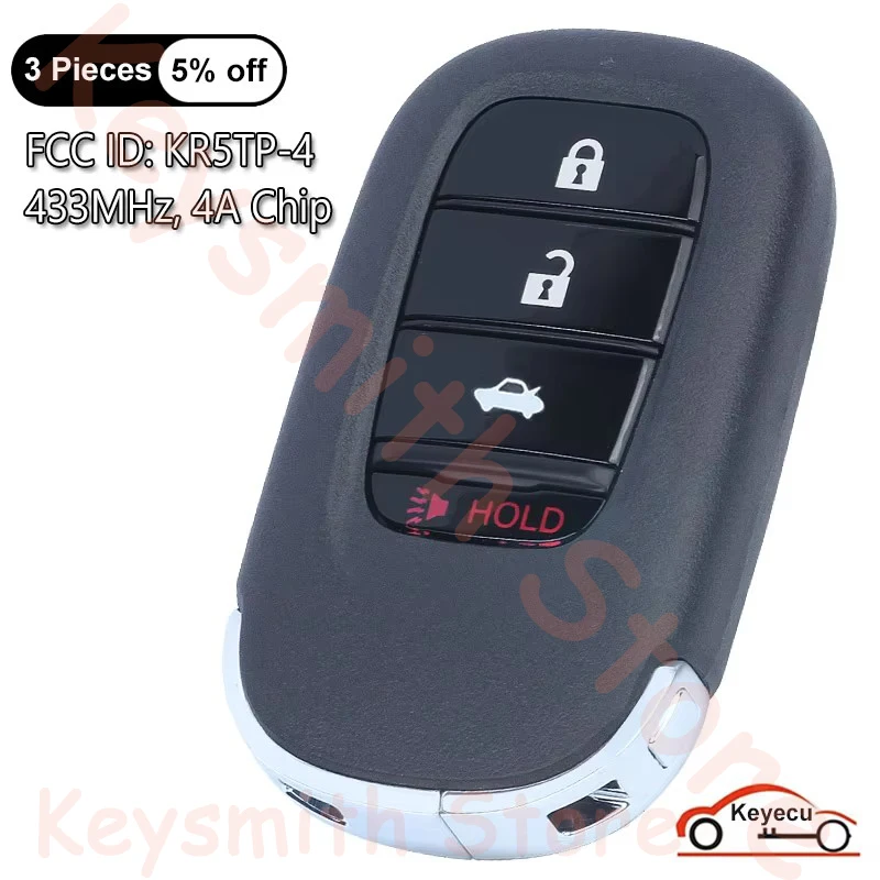 

KEYECU 4 кнопки 433 МГц 4A чип для Honda Civic 2022 2023 2024 автоматический умный пульт дистанционного управления сменный брелок FCC ID: KR5TP-4