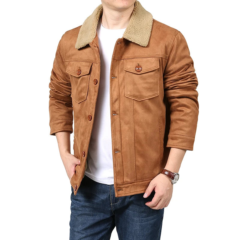 

Men's Suede Jacket Sherpa Lined Winter Trucker Cargo Workwear Multi-Pocket Outwear Thicken Fleece Lining Mens High Quality Coats