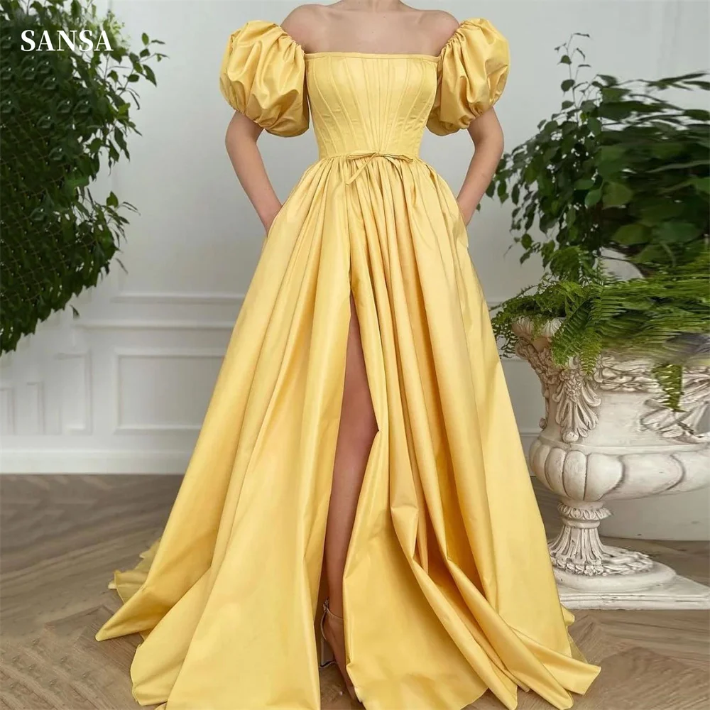 

Sansa Gold A-line Off the Shoulder Prom Dresses Puffy Sleeve vestidos de noche Elegant Floor-length Side Split Formal Evening