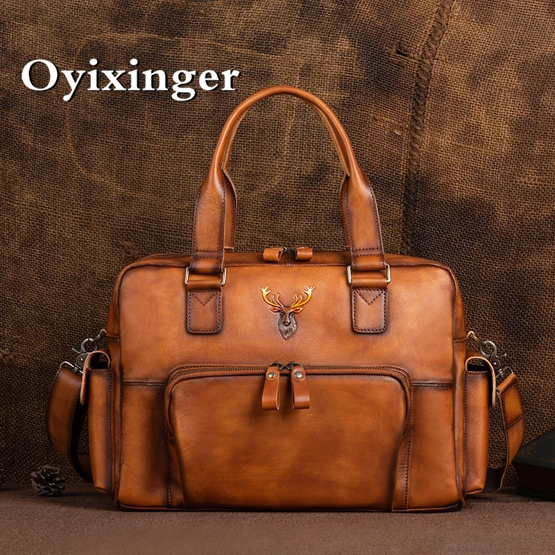 

OYIXINGER New Genuine Leather Men Travel Bag Vintage Large Capacity Multi Functional Briefcase Versatile Cowhide Luggage Handbag