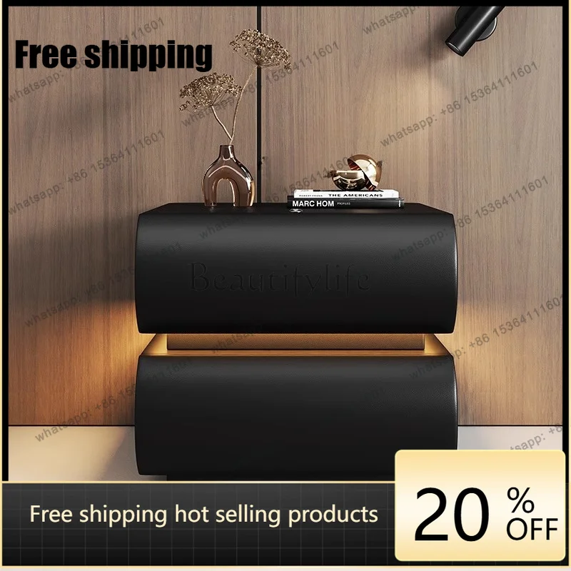 Factory Direct Black Leather Solid Wood Environmentally Friendly Bedside Table Bedroom Light Luxury Round Floor Ambient Light Be