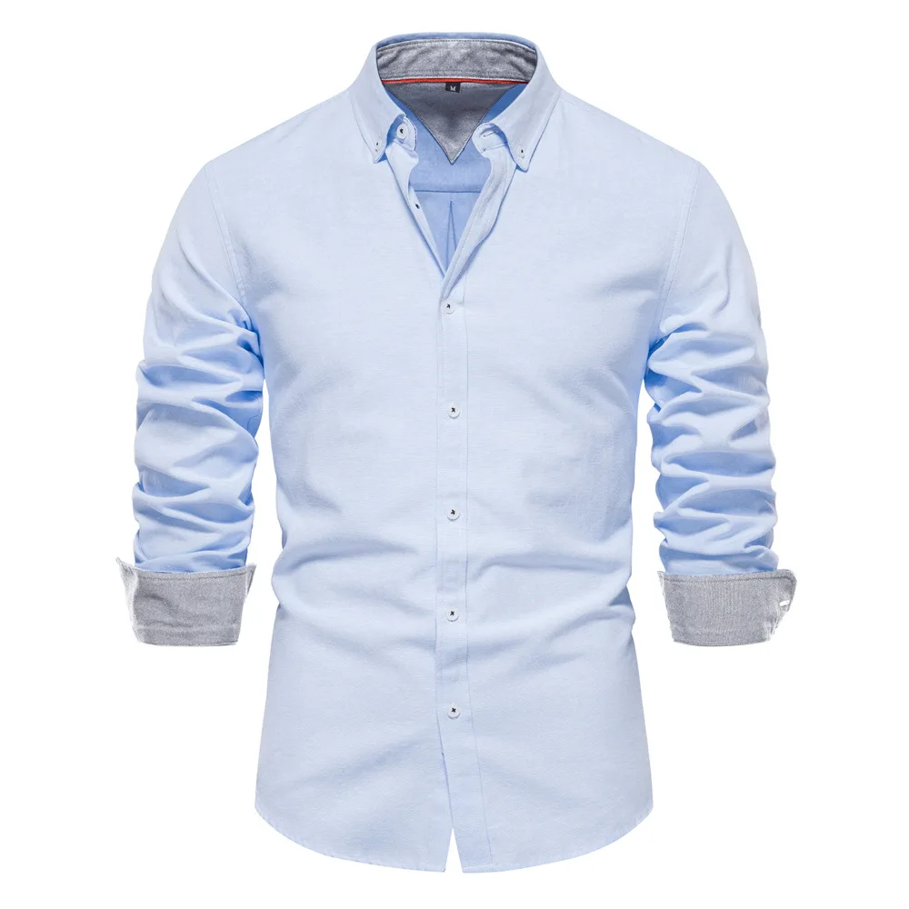 Camisas Oxford de manga comprida masculina, cor sólida, gola virada para baixo, roupas casuais, blusa masculina 70% algodão, primavera, outono