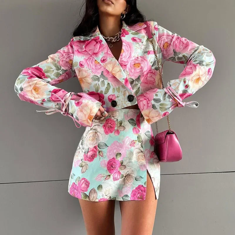 Printed Fashion Skirt Set Female Lapel Long Sleeve Short Cardigan High Waist Mini Skirt Two Piece Set Commuting Elegant