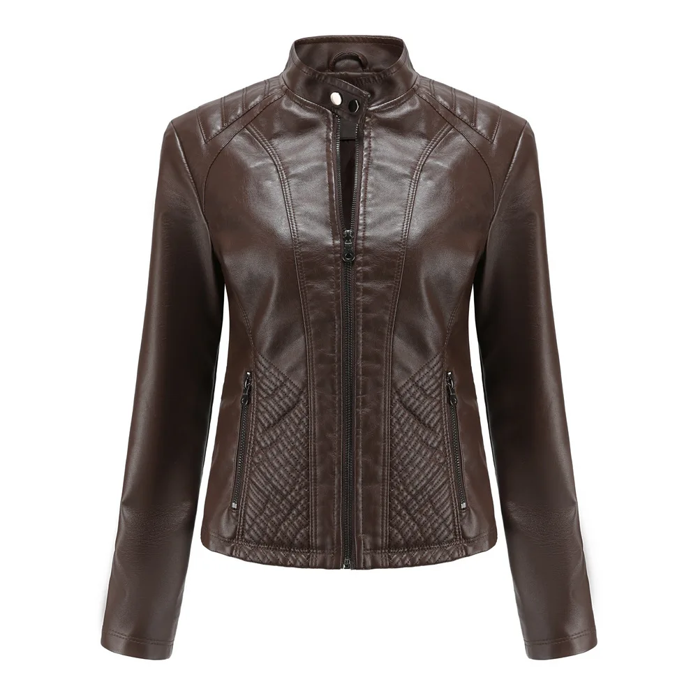 Manteau en cuir Punk pour femmes avec col montant, veste de moto, grand, ualité, haut de veste en cuir à fermeture éclair d'automne