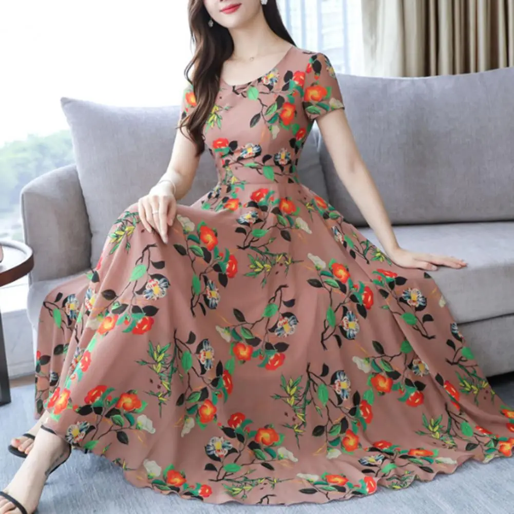 Holiday Dress Slim Fit O-neck Short Sleeve Waist Tight Pleated Large Hem Summer Dress Elegant Floral Print A-Line Midi Dress