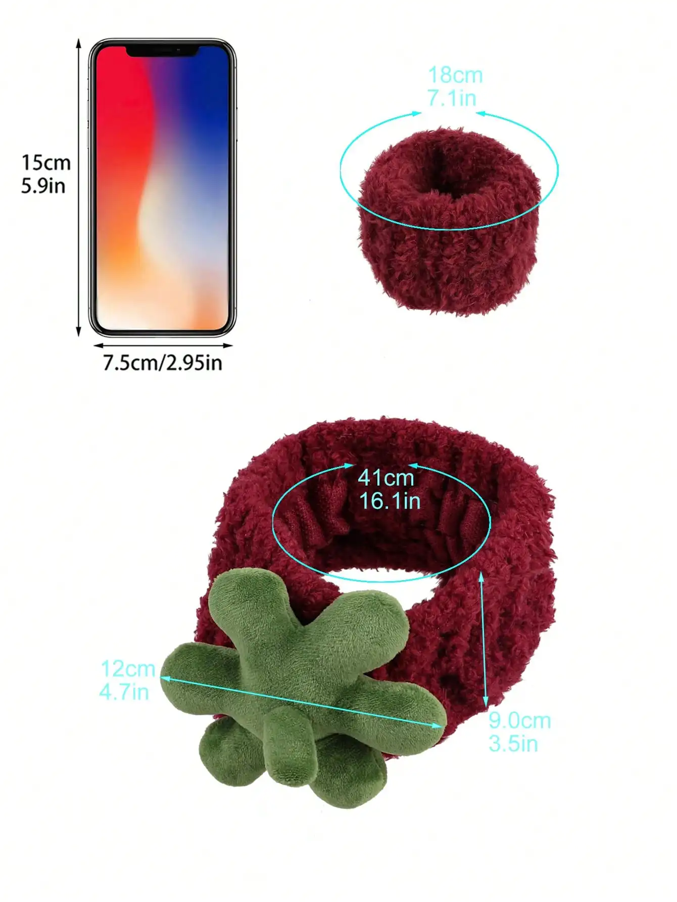 3-teiliges Set mit roten Erdbeer-Stirnbändern und Armbändern, niedlich gepolstert, weiches Frottee, Haarschmuck für Frauen und Mädchen, Hautpflege-Haarband – Detail 2