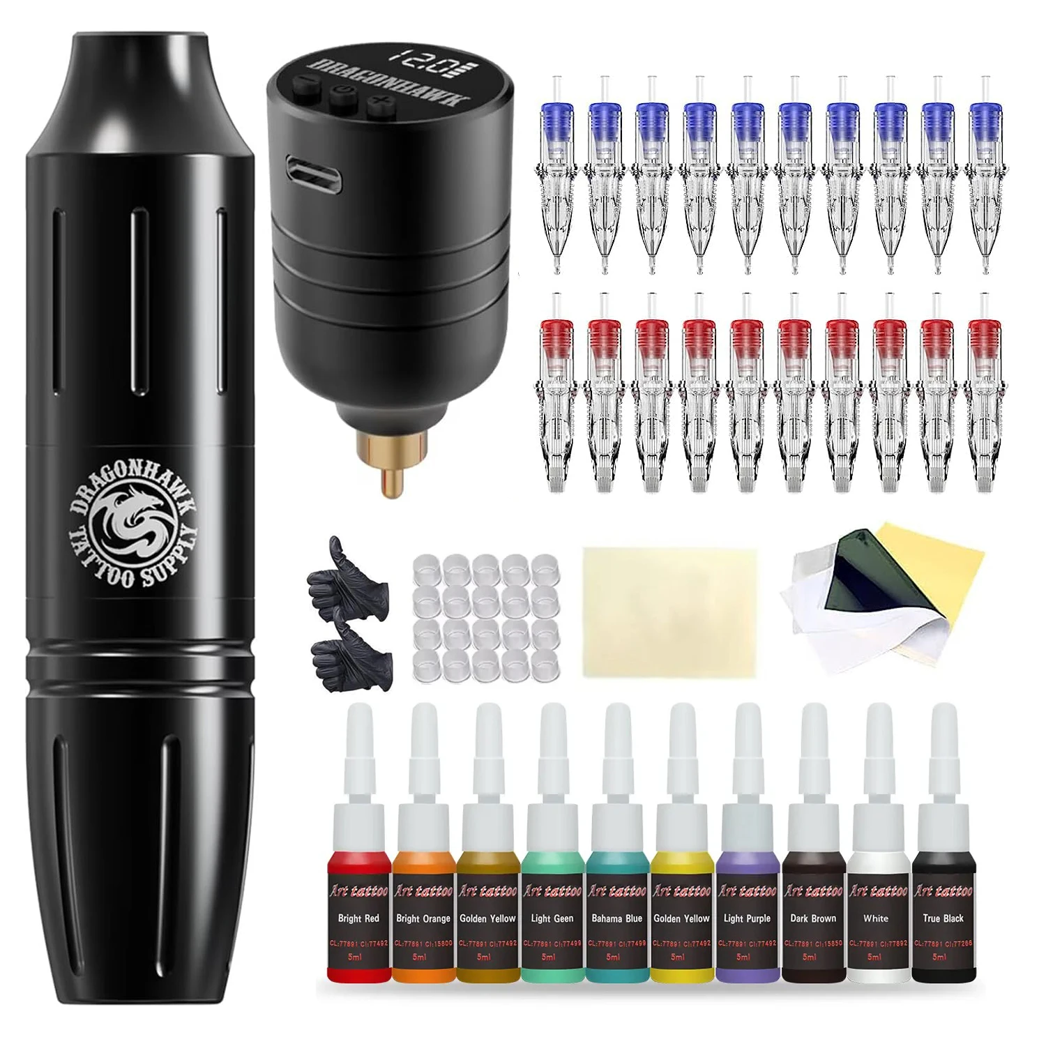 Dragonhawk Kit complet de machine de tatouage sans fil avec course de 3,5mm, batterie RCA de 1300mAh, facile à utiliser, ensemble et fournitures de tatouage pour débutants
