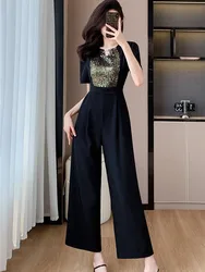 SMTHMA  Elegant Jumpsuit Women's Short Sleeve O-Neck High Waist Office Wide Leg Pant Jumpsuit Overalls Wholesale Dropshipping