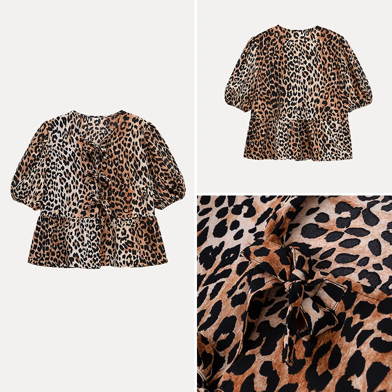 

Z 2025 New Faion Design Printed Leopard Print Belted Top Open Cardigan Women's Slim Fit ort Sve Polyester Fiber