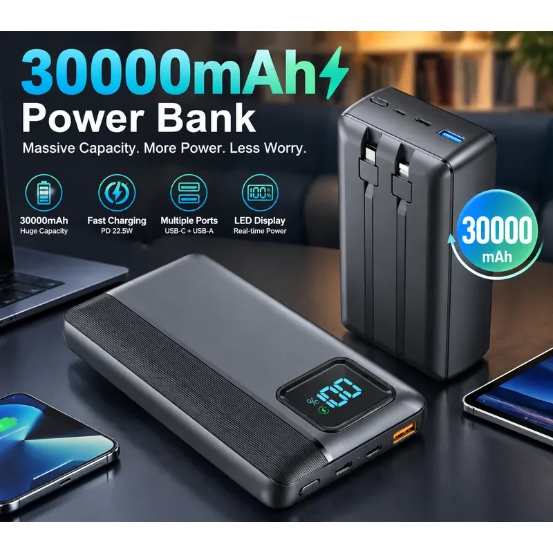for CEROHS 30000mAh Power Bank PD 65W Fast Charging Large Capacity Portable Charger with Built in Cable for Notebook