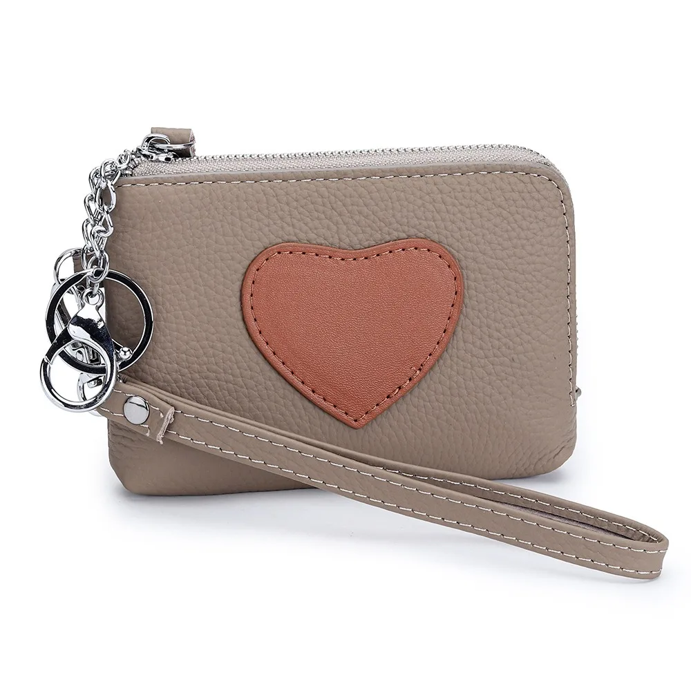 Women Genuine Leather Heart Patch Coin Purse Zipper Wallet With Key Ring Wrist Strap Multi Card Slots Small Coin Pouch