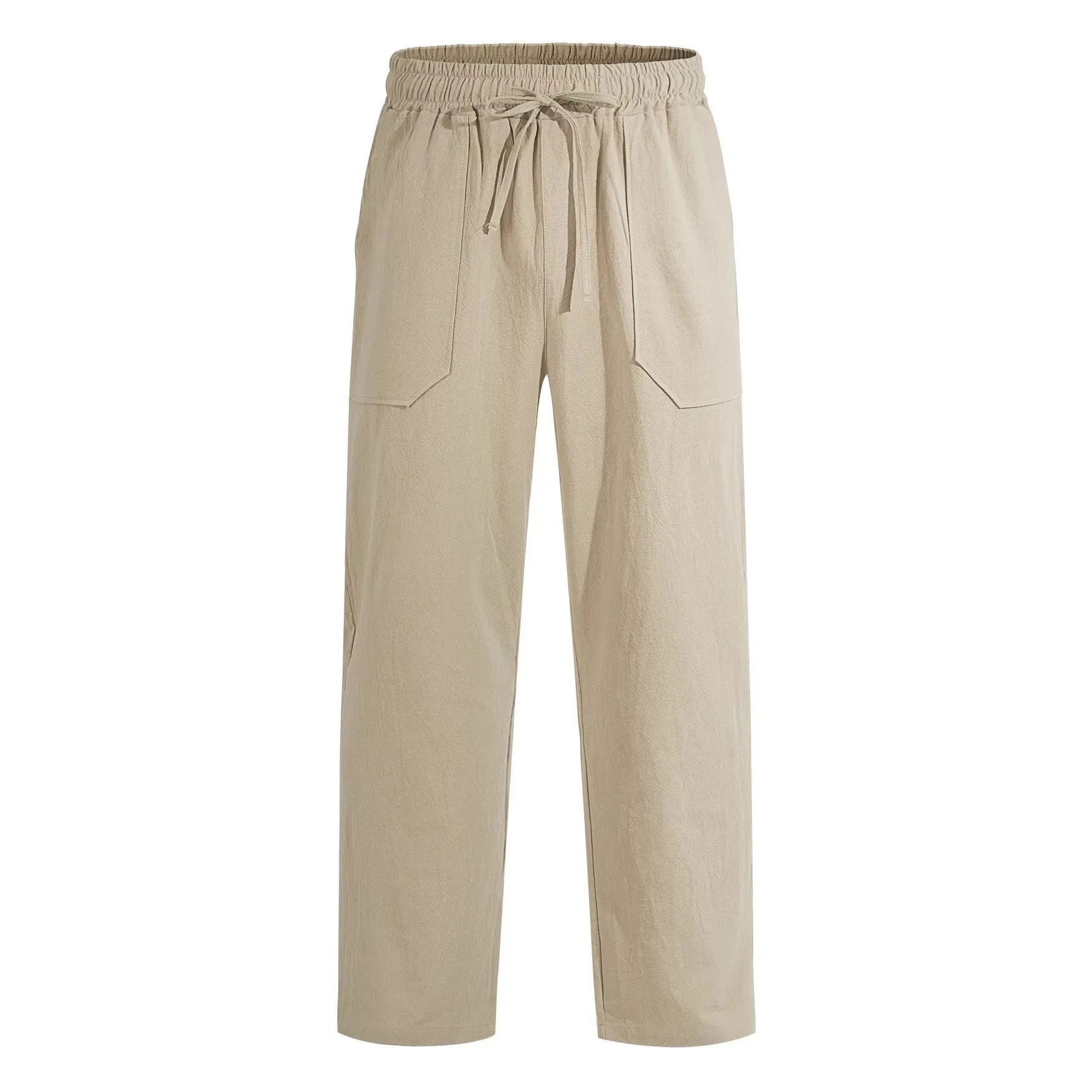 

Men's Summer Baggy Wide Leg Trousers Drawstring Waist Casual Straight Cut Linen Pants in Olive Green Beige Black