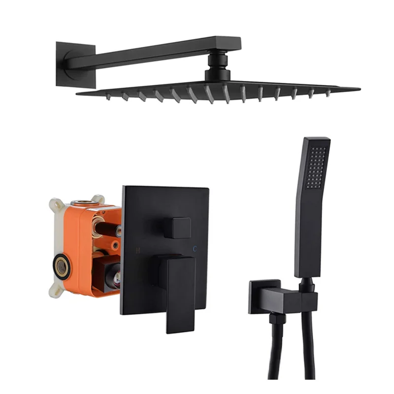 2025 Concealed Black SUS 304 High Pressure Square Rain Shower Set 12 Inch Wall Mounted Contemporary Style Brushed Finish Jet