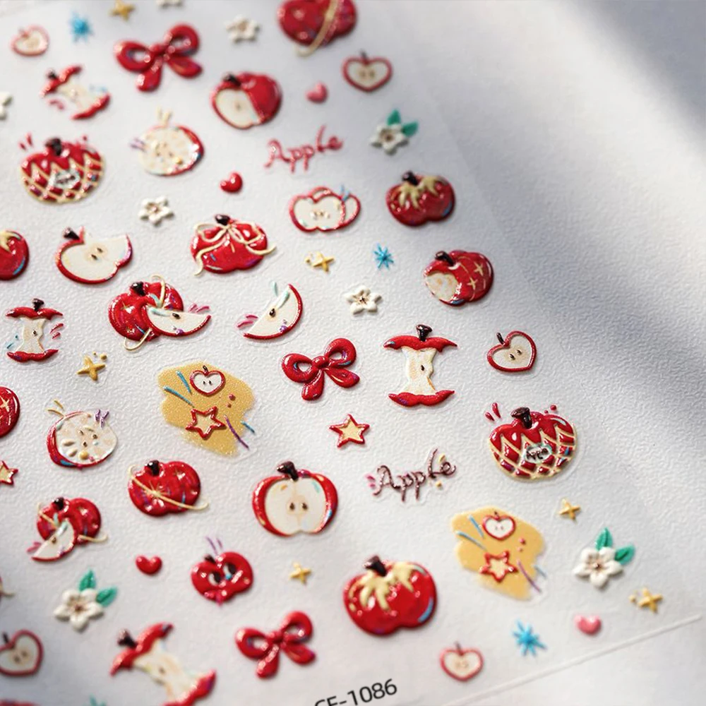 Pegatinas navideñas 5D con lazo de manzana roja para decoración de uñas, pegatinas adhesivas de flores y estrellas de manzana, deslizador de uñas de fruta Holiay