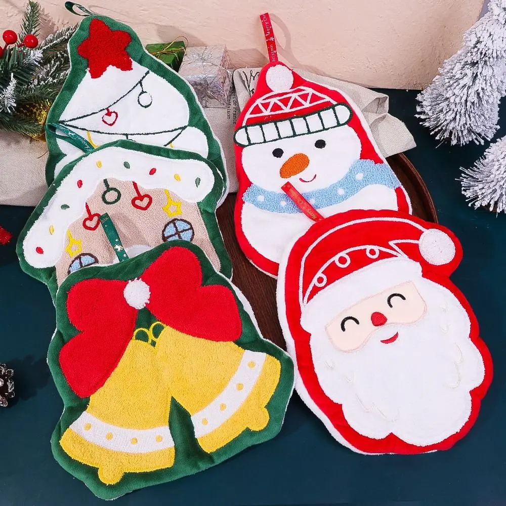 Cute Merry Christmas Hand Towel Thickened Super Absorbent Rag Coral Velvet Santa Claus Hanging Wipes