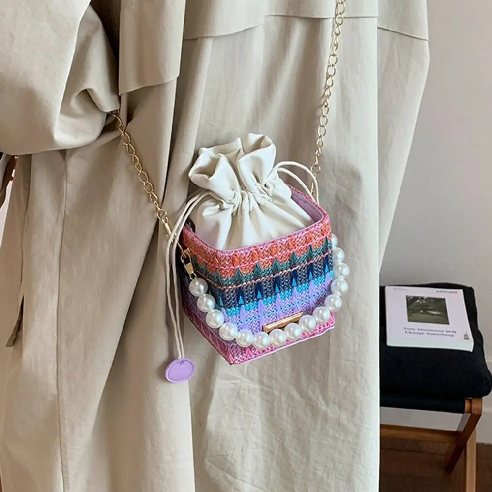 

Модная богемная соломенная сумка на плечо, элегантная сумка-ведро INS на шнурке, квадратная легкая сумка-мессенджер с цепочкой, сумка для путешествий на открытом воздухе