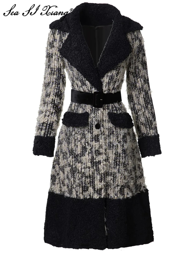 

Seasixiang Fashion Autumn Winter Plaid Tweed Coat Women Turn-down Collar Long Sleeves Belt High Street Single Breasted Outerwear