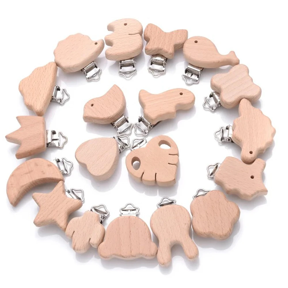 5pcs ไม้ Pacifier Baby Beech ไม้สัตว์ Pacifier คลิปโลหะผู้ถือหัวใจ Pacifier CHAIN Teether อุปกรณ์เสริม