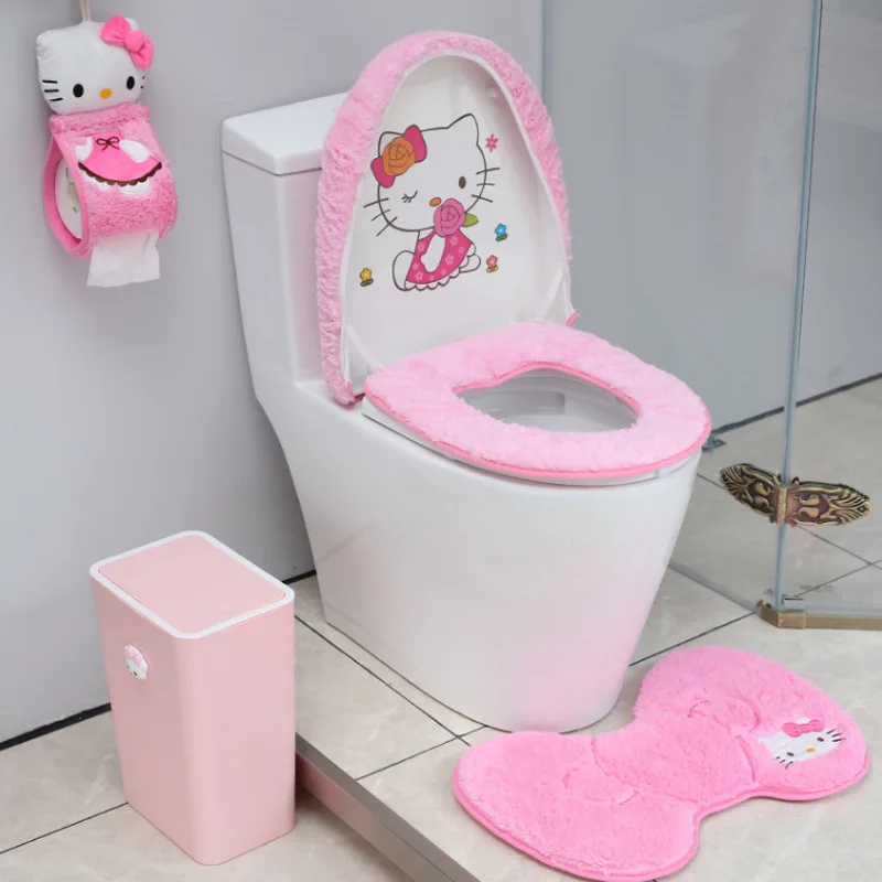 Winter Hallo Kitty Cartoon Sanlio Plüsch Warm Klebstoff Wc Kissen Abdeckung Sitz Wc Abdeckung Kawaii Boden Matte Rollen Papier Abdeckung