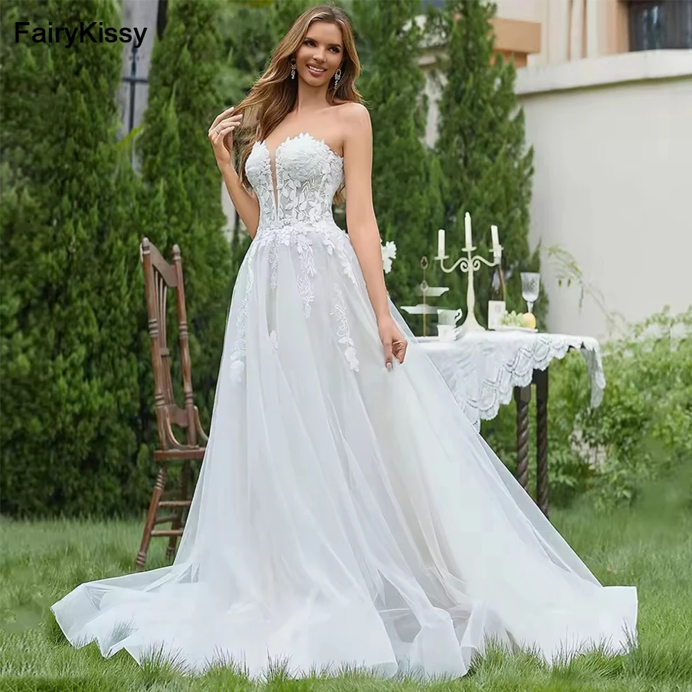 FairyKissy-vestidos de novia elegantes de encaje para mujer, vestidos de novia brillantes con escote en V profundo, vestido de novia con forma de corazón para mujer