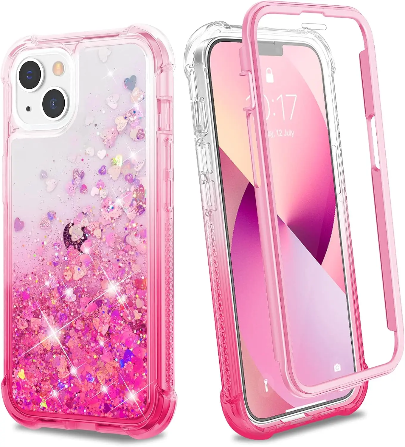 

Glitter Liquid Phone Case for iPhone 13 & 14, Full Body Protection with Built-in Screen Protector, Gradient Pink