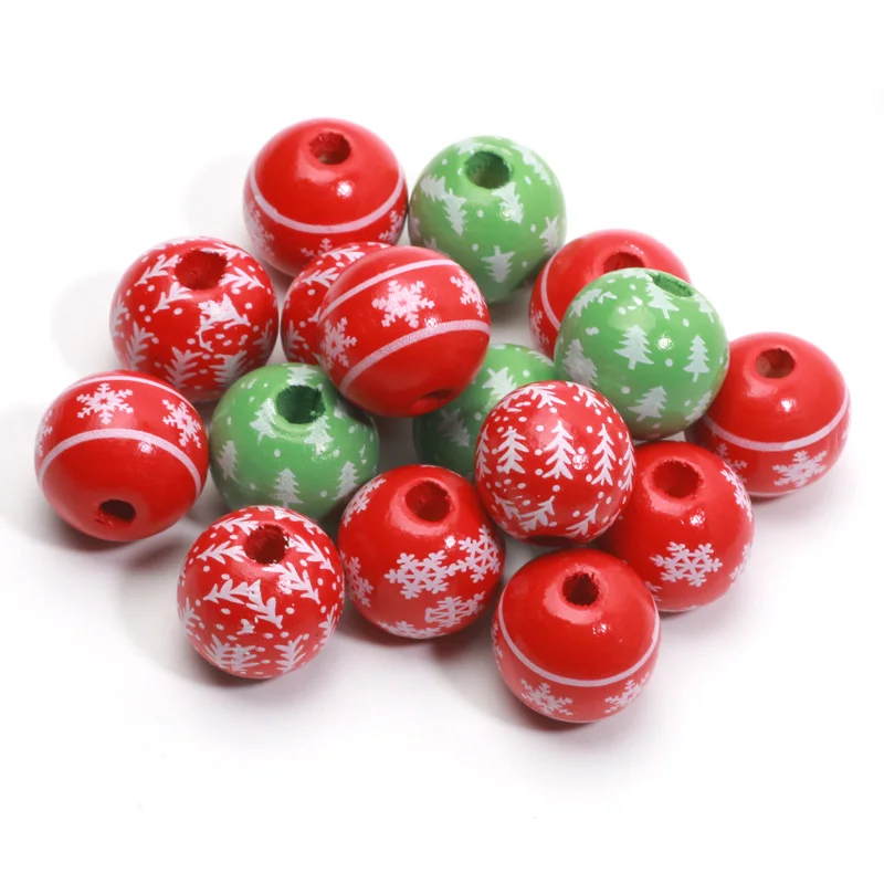 10pcs 16mm Wood Round Christmas Beads Christmas Tree Snowflake Wooden Beads For Making Christmas Decor Diy Jewelry Accessories