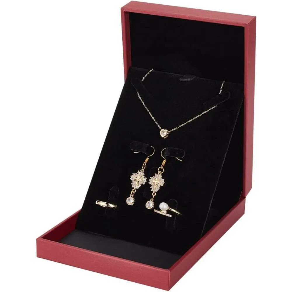 Boîte à bijoux en cuir PU avec velours rouge foncé, pendentif, collier, cadeau, support de rangement, mariage