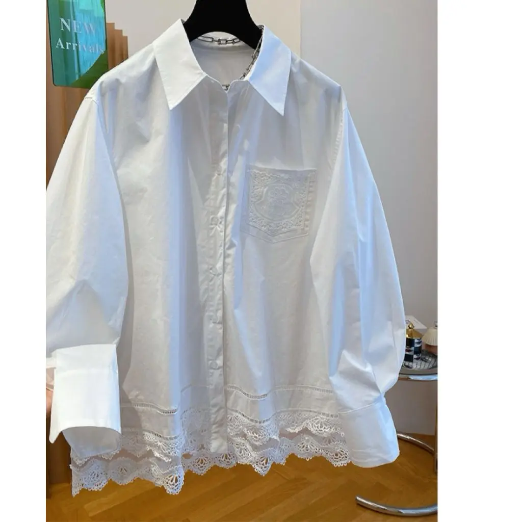 

White lace patchwork shirts for women 2025 versatile stylish shirt chic tops