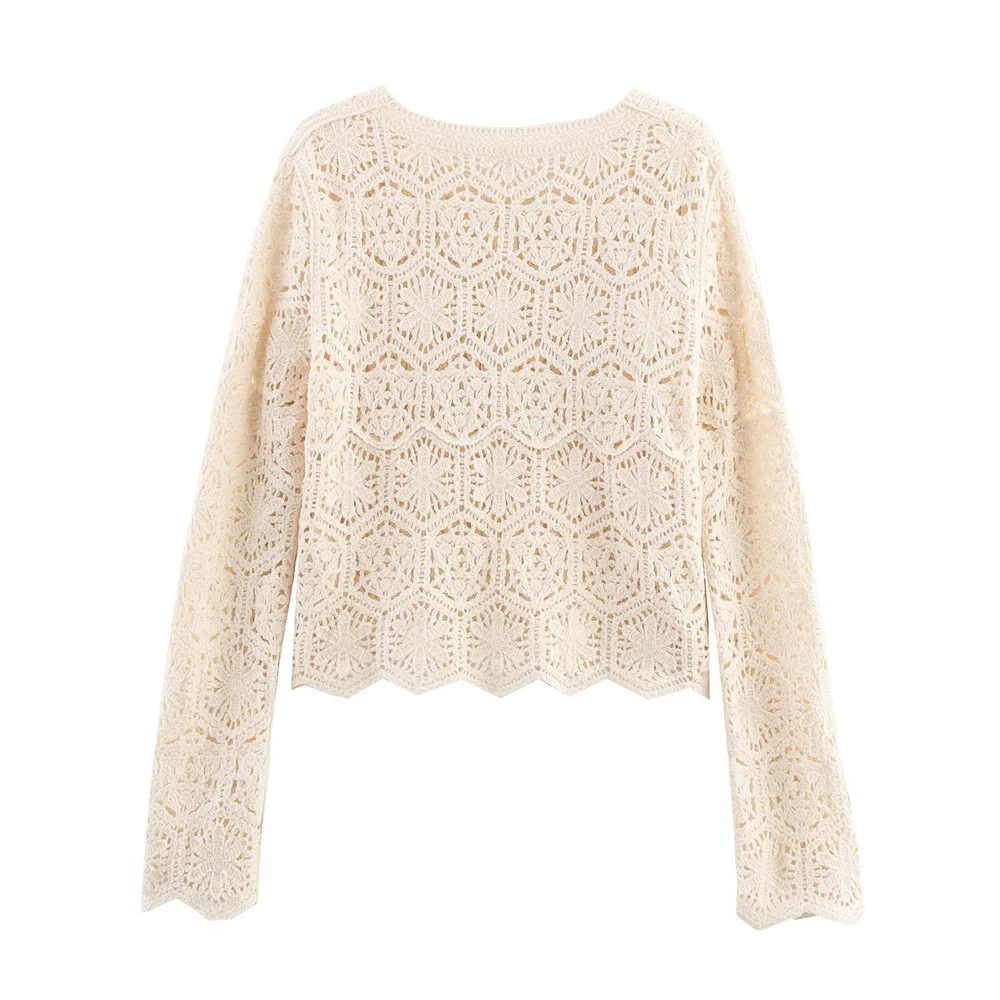 منتج صيفي جديد عصري كاجوال برقبة دائرية وأكمام طويلة نمط موجة مجوف سترة محبوكة #2