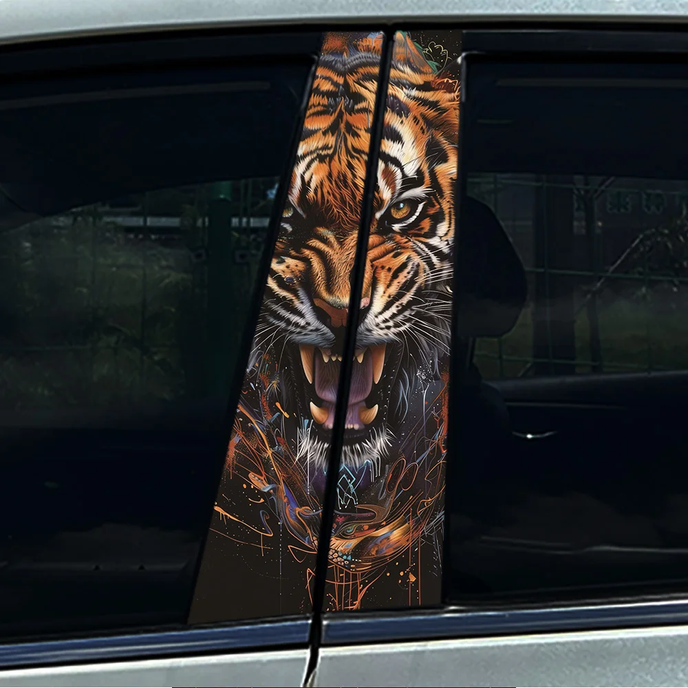 

2PCS Graffiti Style Tiger Car B Pillar Decal Waterproof Anti-UV PVC Sticker Removable Door Column Decor for Most Cars