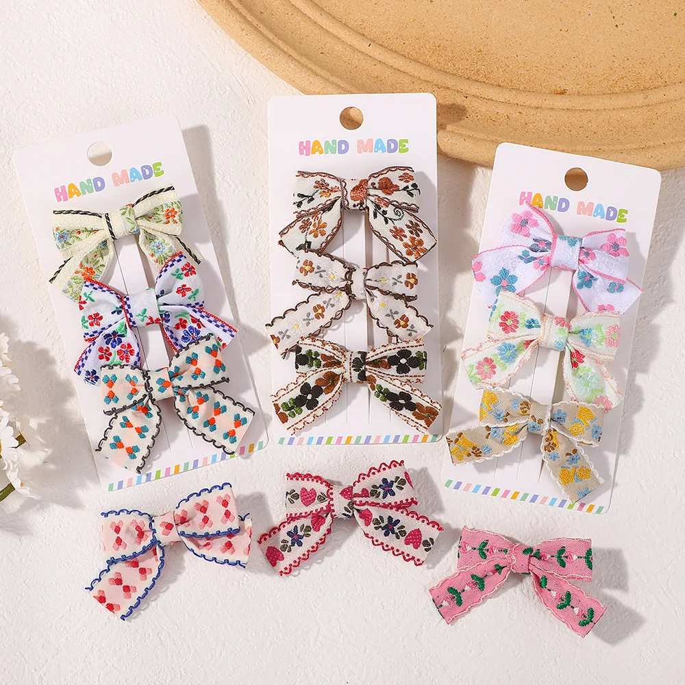 

20 Sets/Lot (60 PCS), 2.16" Mini Ribbon Bow Hair Clips Flower Embroidery Fabric Bow Baby Hairpins Children Hair Accessories