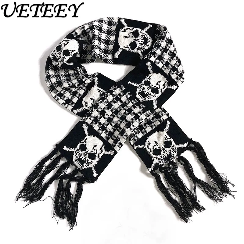 Punk Dark Wind Y2k Hottie Subculture Original Wound Thickened Warm Knitted Scarf Skull Print Fringed Scarf Neck Accessories