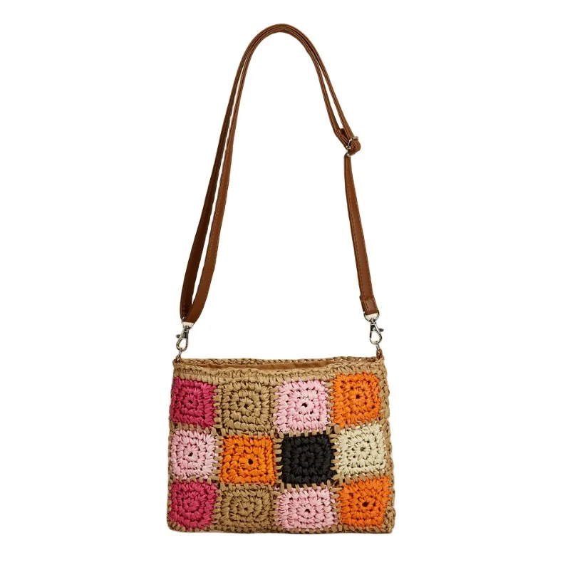 Borsa all\'uncinetto da donna di colore a contrasto borsa a tracolla e portamonete da spiaggia in carta intrecciata a mano con Patchwork di nuovo