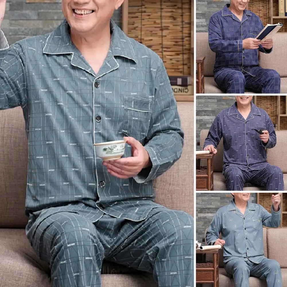 Set piyama pria setengah baya ayah musim semi musim panas, Set piyama dengan kemeja lengan panjang longgar celana kaki lebar nyaman untuk pria