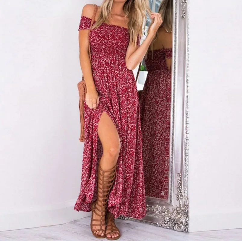 

Summer Boho Floral Women Split Long Dresses Sexy Strapless Beach Sundresses Cottagecore Dress Bohemian Maxi Dress Robe Vestido