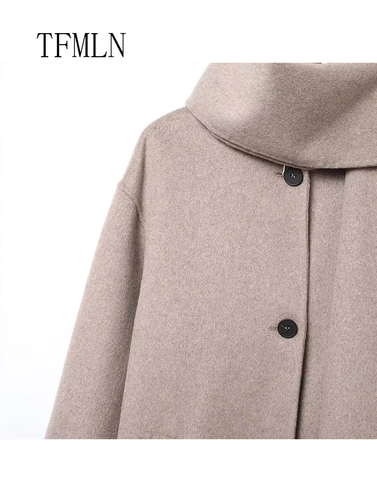 TFMLN 2025 Jesień Zima Damski Płaszcz z Szalowym Kołnierzem Oversize Vintage Długi Rękaw Casualowa Kurtka Jednorzędowa Odzież Wierzchnia w Stylu High Street