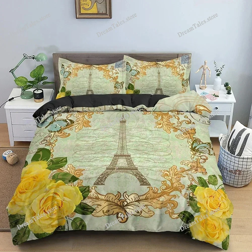 Eiffel Tower Bedding Set Romantic Style Duvet Cover Set with Pillowcase King Queen Size Comforter Cover for Valentine's Day