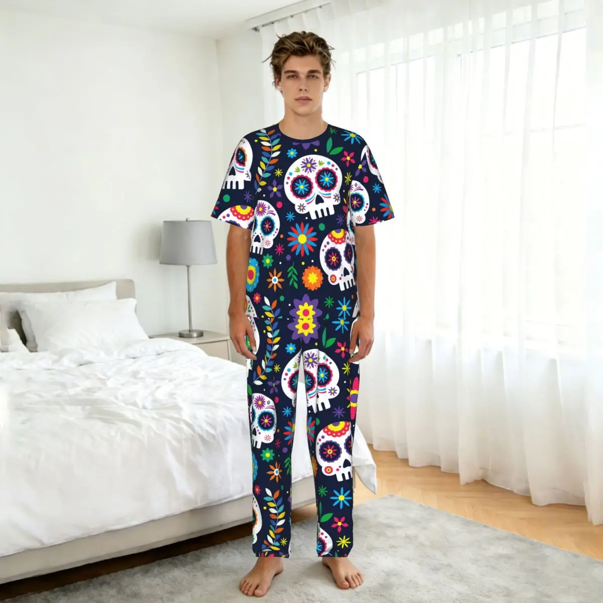 Immagine 6: Pigiama da uomo a maniche corte, due pezzi con pantaloni, Dia De Muertos, Day Of The Dead, abbigliamento da casa, pigiama.