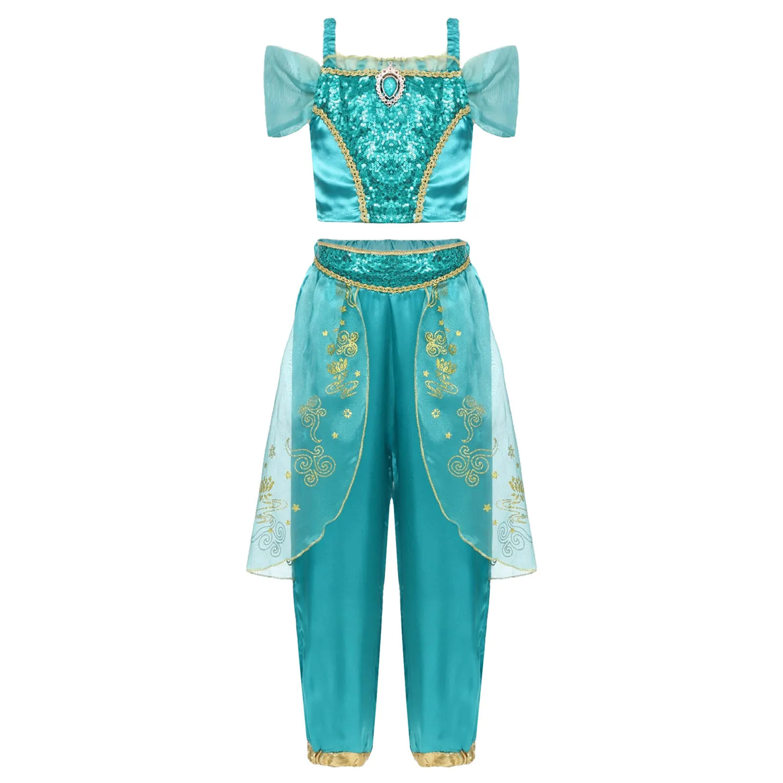 

Girl Arabian Princess Cosplay Costume Halloween Theme Party Outfit Sequins Rhinestone Crop Top And Print Overlay Long Pants