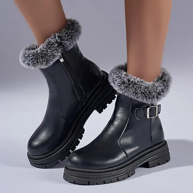 

Winter Women Snow Boots Fluffy Fur Leather Short Boots Waterproof Cold Proof Comfortable Warm Plush Ankle Boots Botas Para Mujer