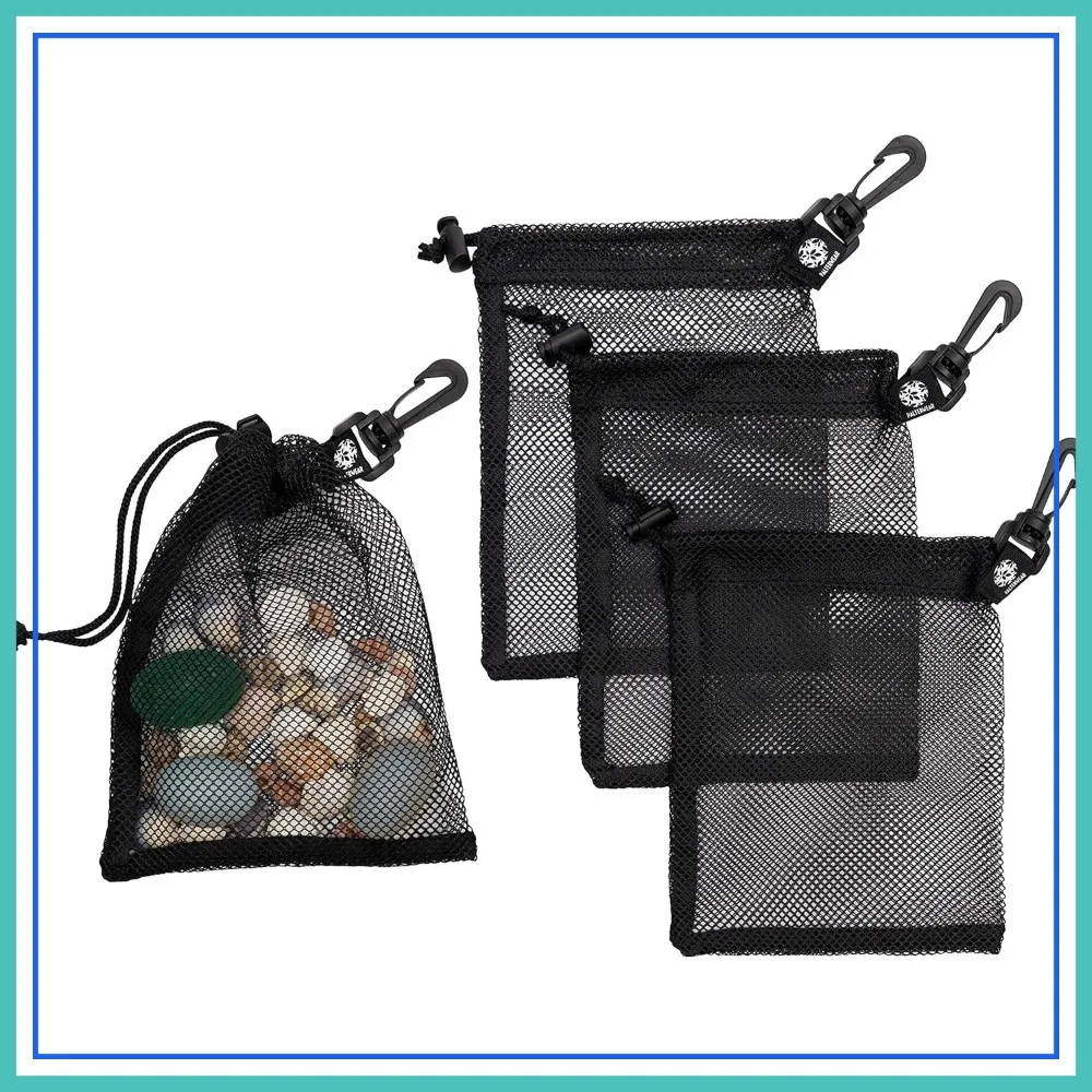 

Small Mesh Drawstring Bag with Clip and Toggle Closure (Set of 4, Black, 6x8 inch) for Watersports, Outdoor, Gym