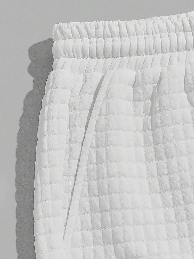 Herren Bubble-Waffel-Karo-Shorts, entspannte Passform, Kordelzug in der Taille, Kontrastbesatz, sommerliche Freizeitkleidung, sportliche Streetwear mit Taschen – Detail 9