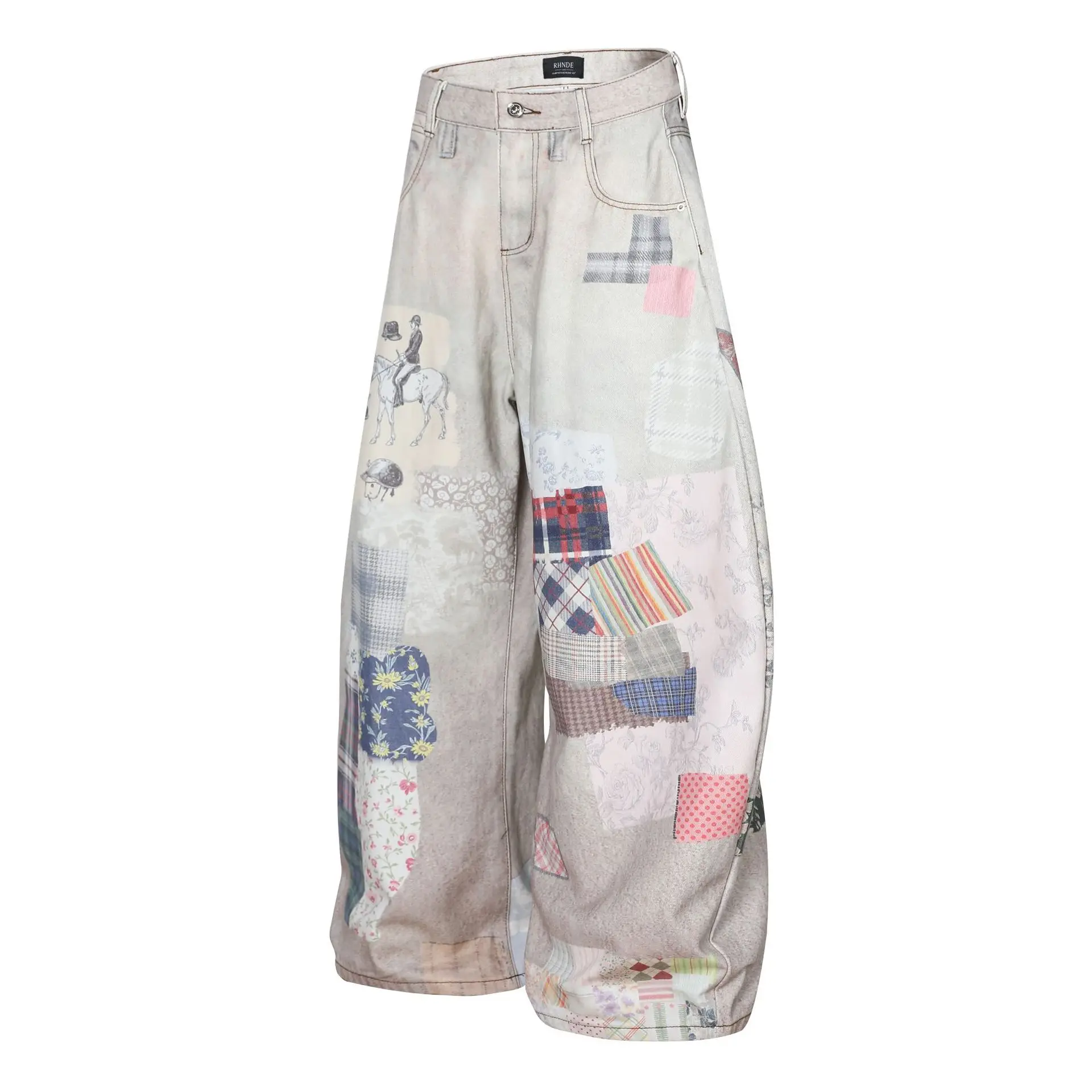 High Street Jean Pants Women's Retro Street Creative Patchwork Print Curved Knife Denim Pants Unisex Loose Fit Wide Leg Pant