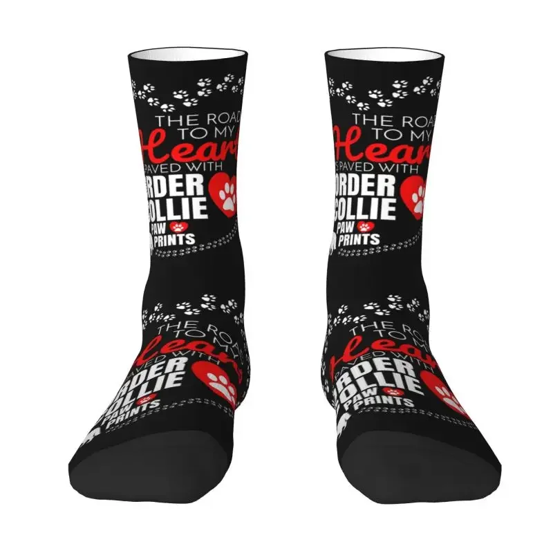 

Fun Men's The Road To My Heart Is Paved With Border Collie Paw Dress Socks Unisex Warm Comfortable 3D Printed Dog Crew Socks