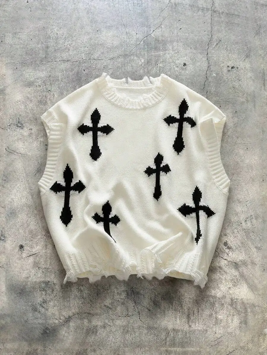 

White Knitted Tank Top with Black Cross Motifs and Distressed Hem