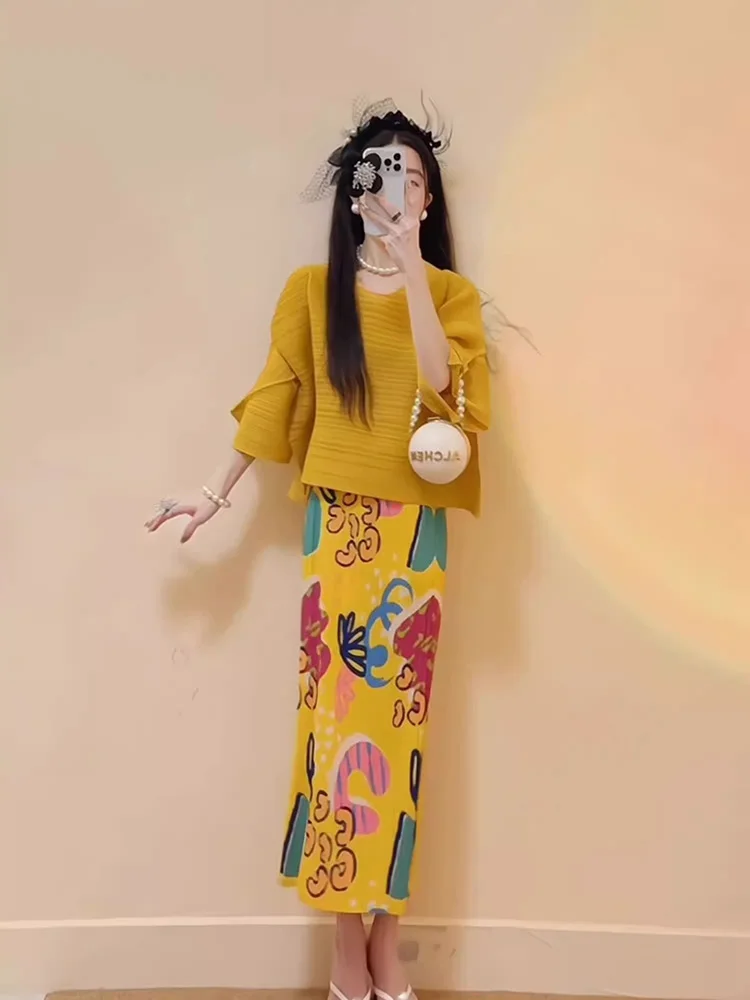 Jupe d'été en soie glacée pour femmes, demi-jupe plissée avec graffitis de dessin animé, Style fin, vacances, une pièce, fleur de plage, SK051