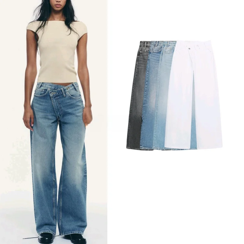 

Fall New Women's High Waist Wide Leg Jeans Double Lapel Waist Design Comfortable Fit Ladies Denim Trousers Fashion Style
