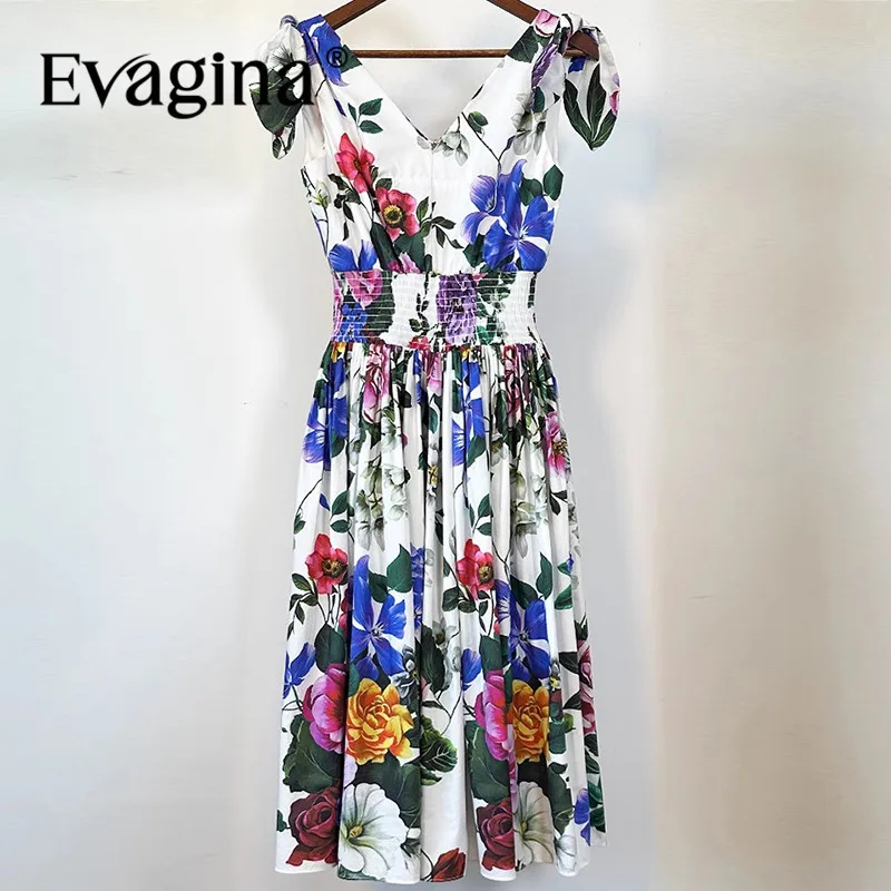 

Evagina Fashion design Women's Dress Bow Spaghetti Strap V-Neck Pleated Splicing Floral-Print Elastic Waist Cotton Dresses